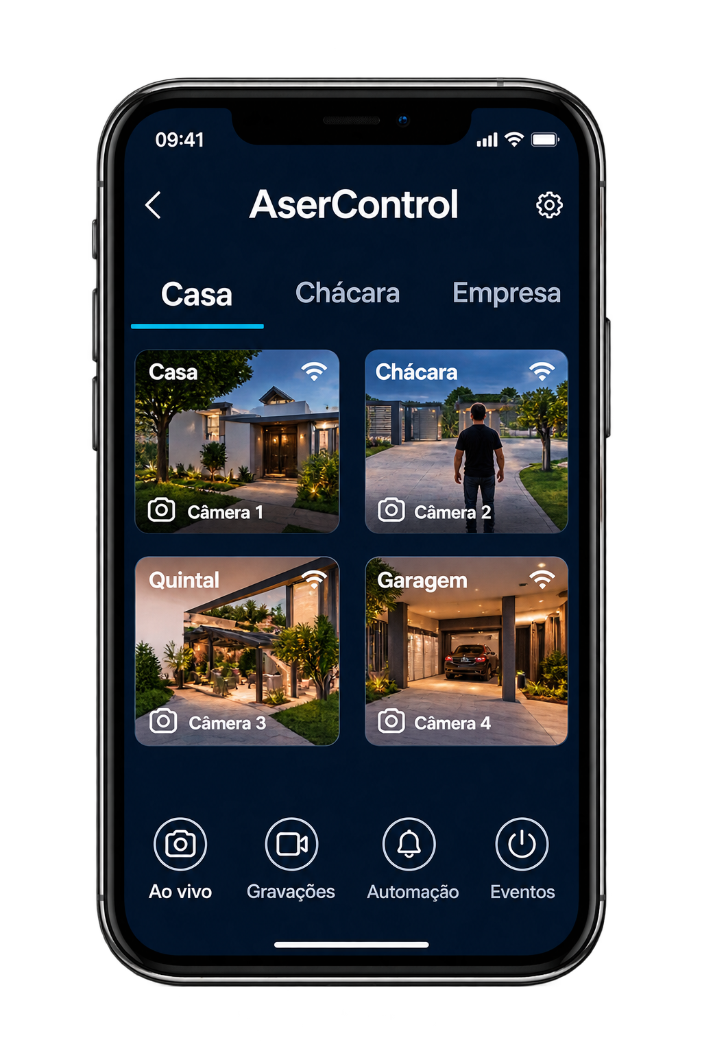 AserControl reunindo câmeras de casa, chácara e empresa