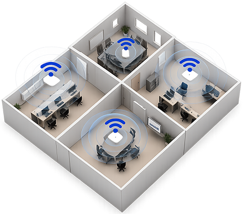 Planta baixa com pontos de acesso Wi-Fi distribuindo sinal